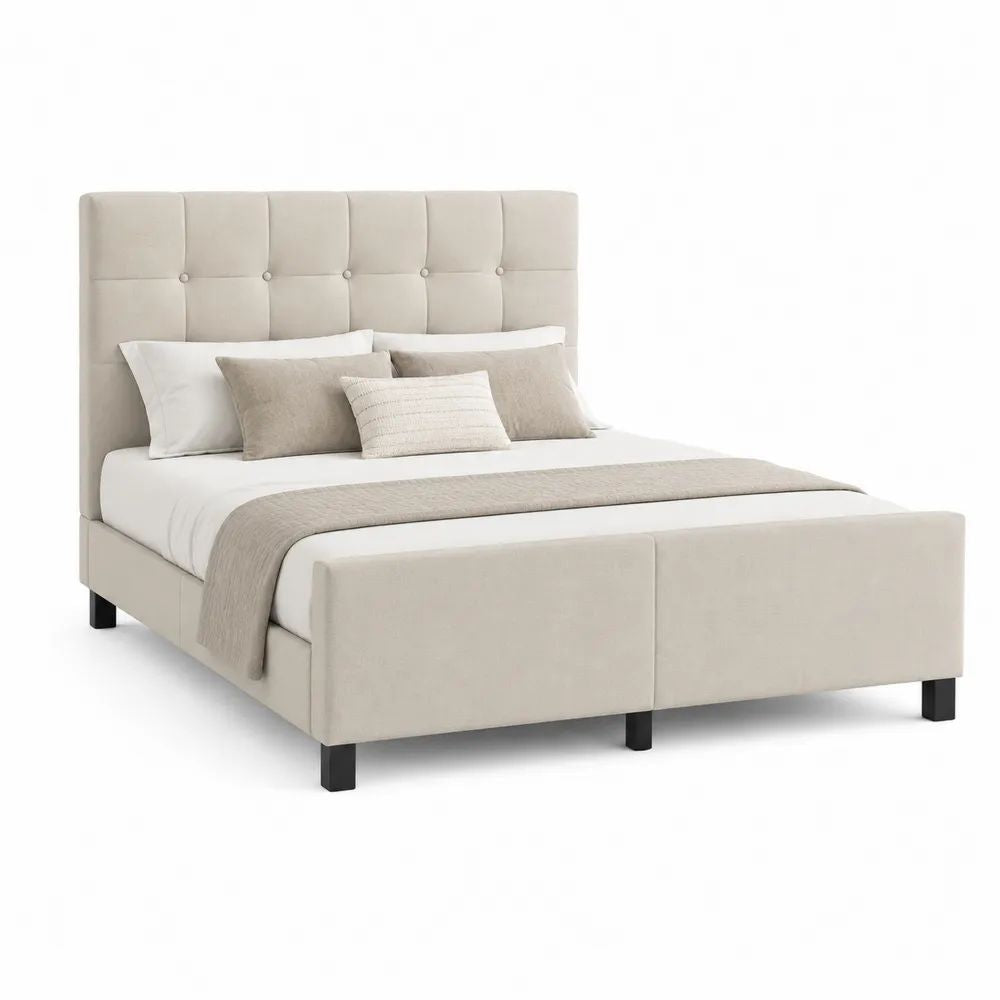 Lit double rembourré en polyester beige 160 × 200 cm avec tête de lit capitonnée et pieds noirs