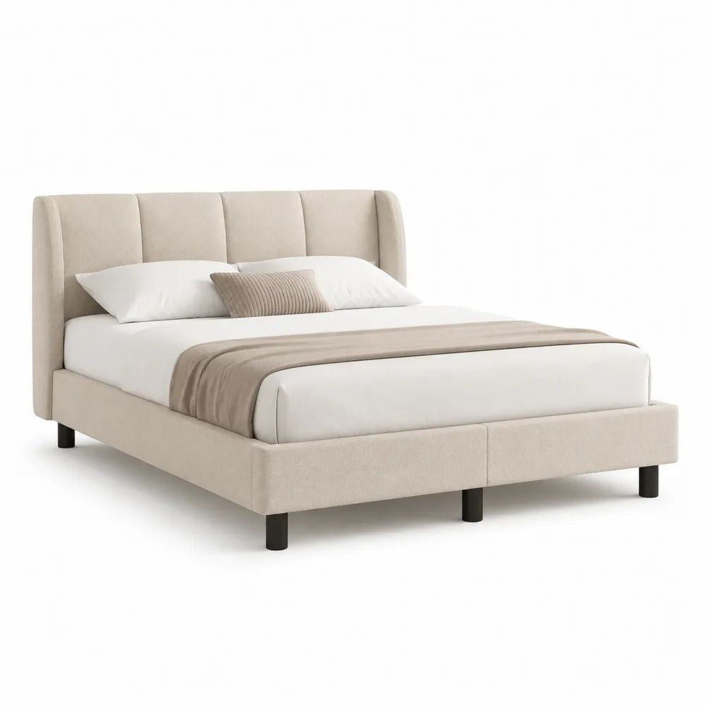 Lit double rembourré 160 x 200 cm en polyester beige avec pieds noirs, sommier à lattes et tête de lit à panneaux, 218 x 171 x 110 cm