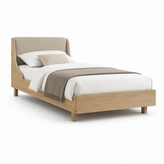 Cadre de lit simple 90 x 190 cm plaqué chêne avec tête de lit rembourrée beige, 202 x 100 x 112 cm