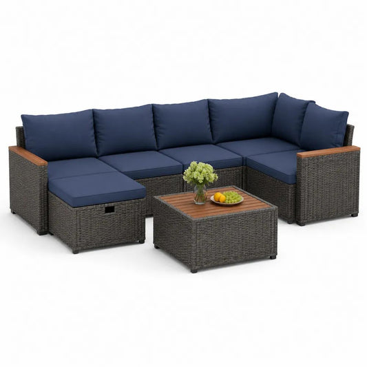 Salon de jardin extérieur 7 pièces avec canapé d’angle en L, table basse et repose-pieds en résine tressée, acier et acacia, coussins bleu marine, 273 × 215 × 65 cm