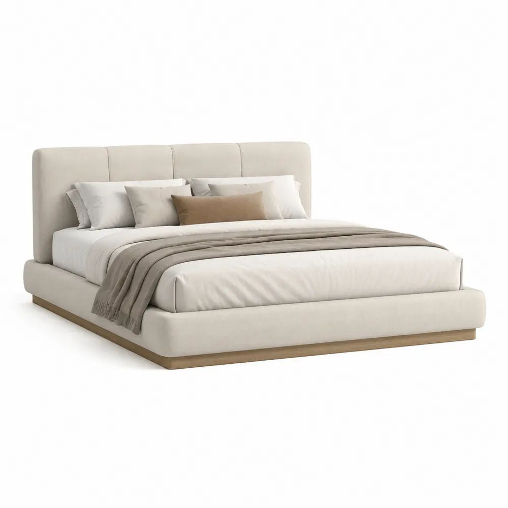 Lit double rembourré en tissu beige et bois, couchage 180 × 200 cm, tête de lit incluse, socle finition chêne naturel