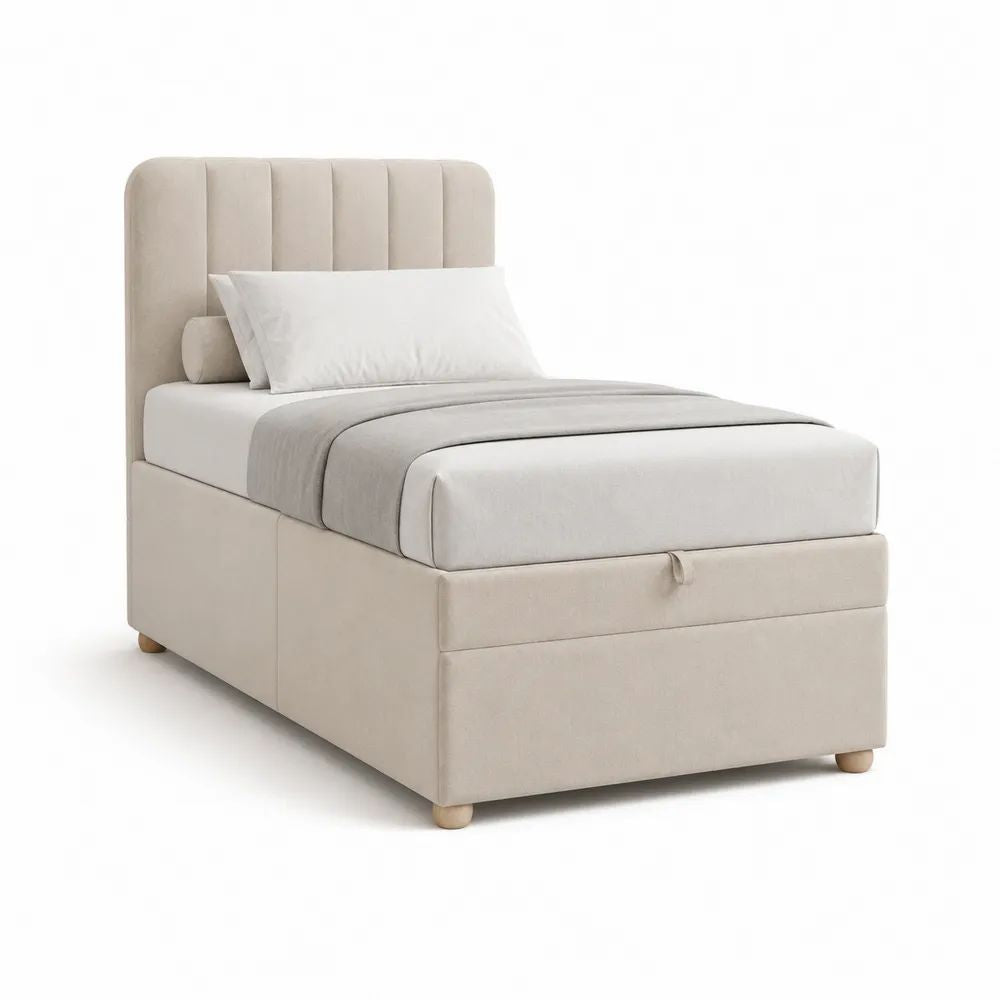 Lit coffre 1 place 90 × 190 cm en velours beige avec tête de lit rembourrée