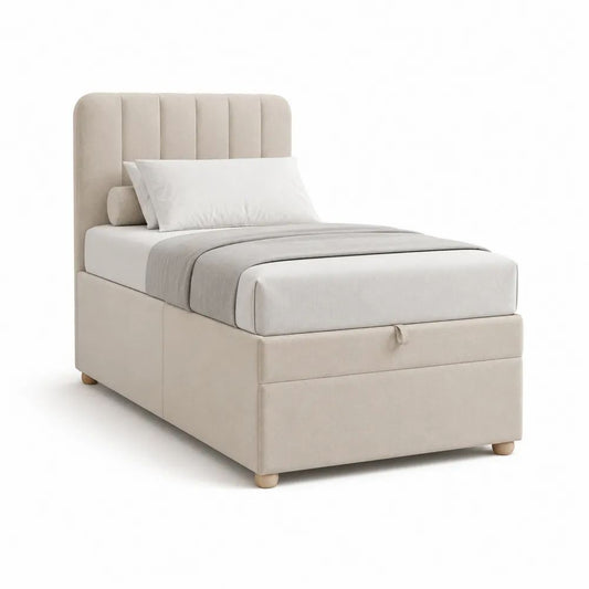 Lit coffre 1 place 90 × 190 cm en velours beige avec tête de lit rembourrée