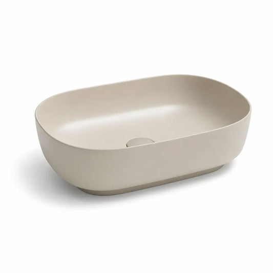 Vasque à poser en céramique beige mat, forme rectangulaire arrondie, 60 × 40 × 15 cm