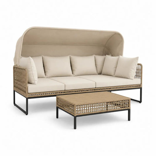 Salon de jardin 2 pièces beige, noir et crème avec canapé 3 places à auvent en rotin PE 200 × 75 × 165 cm et table basse 90 × 55 × 40 cm