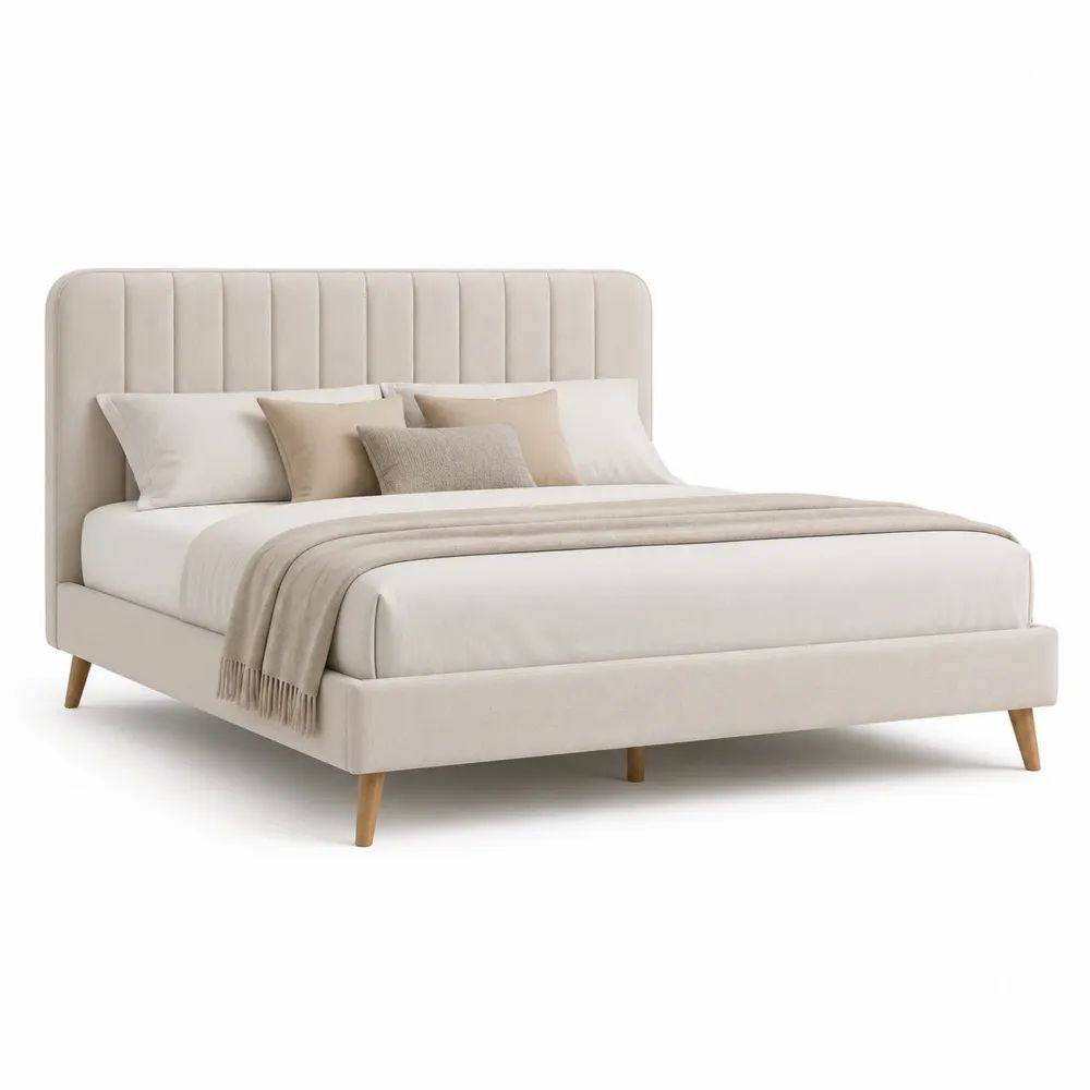 Lit double rembourré en polyester beige avec tête de lit et sommier à lattes, couchage 160 × 200 cm