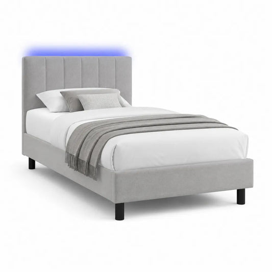 Lit double rembourré gris clair avec sommier à lattes et éclairage LED bleu, couchage 140 × 190 cm