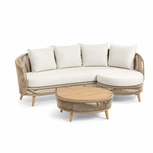Salon de jardin extérieur 2 pièces avec canapé méridienne droite 235 x 150 x 78 cm et table basse ronde Ø 90 x 35 cm, aluminium, corde polyester et bois, beige, écru et bois naturel