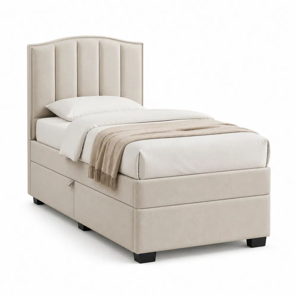 Lit simple 90 × 190 cm en tissu beige avec tête de lit rembourrée et tiroir de rangement